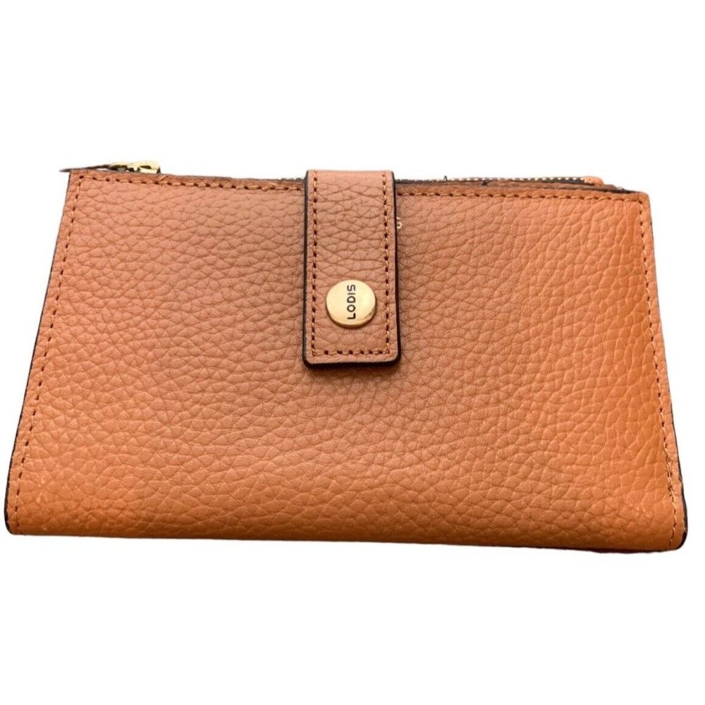 LODIS Tan Pebble Leather Bifold Cards Passport Snap Closure Wallet